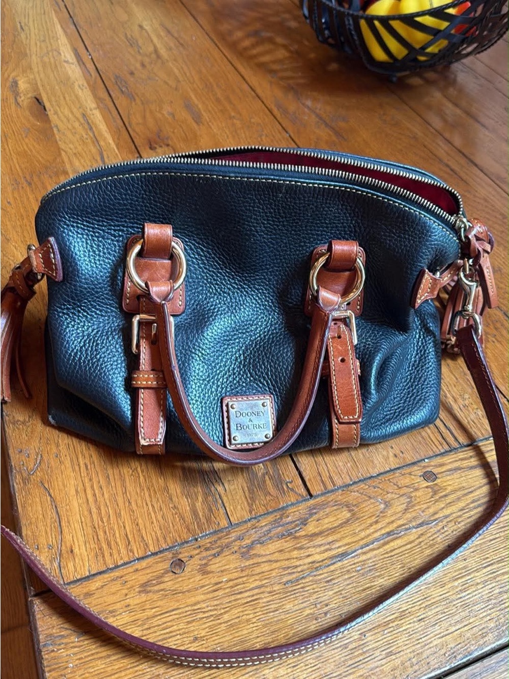 Dooney & Bourke Black Pebbled Leather Shoulder Bag with Brown Trim